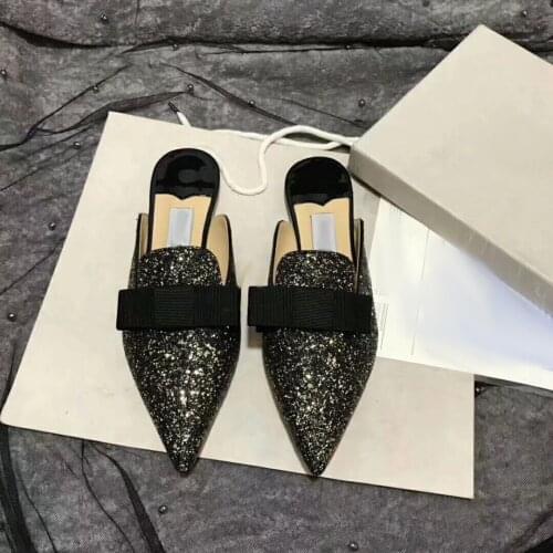 Kmeioo summer bling shoes woman pointy toe flat sandals glitter mule slides woman bowtie mule slippers slip on mules flats
