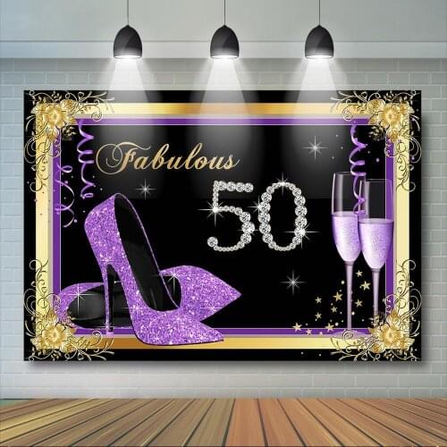 Fabulous 50th Birthday Custom Backdrop Purple High Heels Champagne Glass Background Woman Birthday Party Banner Decorations