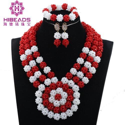 Fabulous Red and White Crystal Bead Jewelry Set Wedding Chunky Bib Indian Bridal Statement Necklace Set 2017 WE028