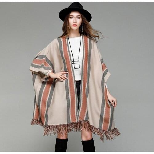 Loose Knitted Cardigans Tassel Autumn Winter Long Poncho Capes Batwing Sleeve Striped Shawl Cloak Sweater Outwear Clothing