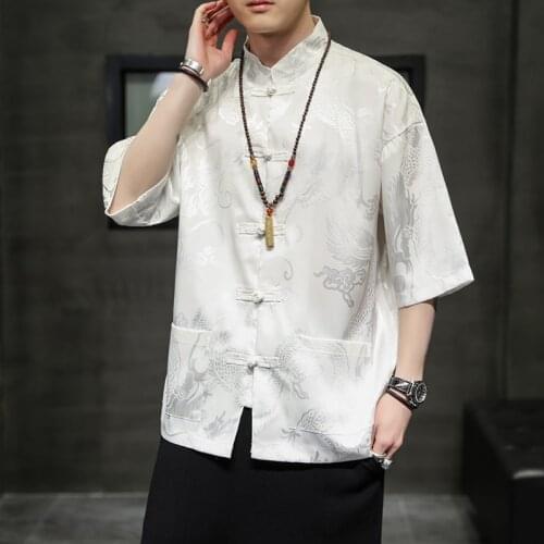 Traditional Chinese Clothing Style Orient Tang Pan Gu Button Hanfu Plus Size M-5XL Summer Jacquard Men Black White Han Fu Tops