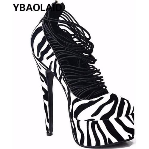 Zebra Pattern Back Zipper Single Shoes Spring and Autumn New Waterproof Platform Hate The Sky High Thin Belt Hollow High Heels