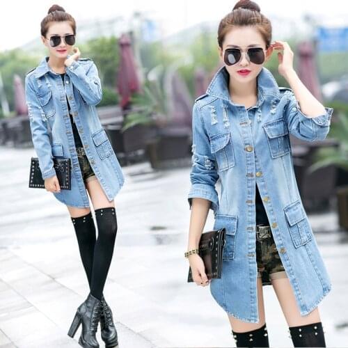 Woman Ripped Denim Coat Casual Long Denim Jacket Trendy Tassel Jeans Windbreaker Spring / Summer Clothing S-3XL
