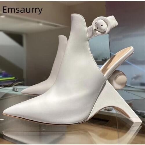 Novelty Fretwork Heel Runway Boots Women Sexy Point Toe Slingbacks With Buckle Belt Pearl Decor High Heel Botas Mujer