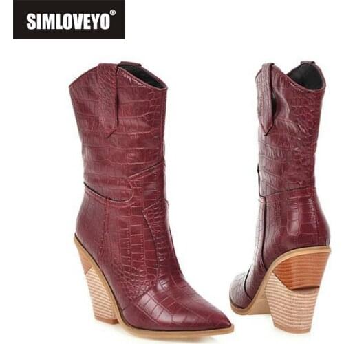 SIMLOVEYO Women Mid-Calf Boots Pointed Toe Square Thick Heel Cowboy Pull On Big size 34-48 US17 Yellow Red Casual Autumn British