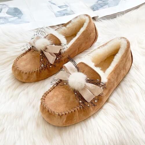 Top brand 100% Natural Fur Genuine Leather Women Flat Shoes New Fashion Women Moccasins Casual Loafers Plus Size Winter shoes