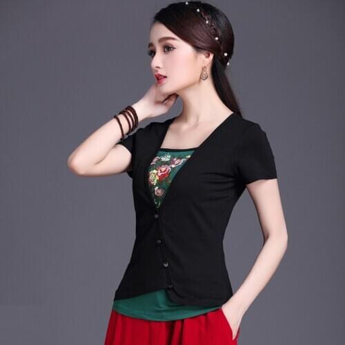 Female Patchwork Plus Size Basic National Trend Embroidered Top Summer Short-Sleeve Chinese Style Embroidery 100% Cotton T-Shirt