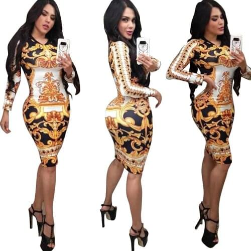 Women Long Sleeve Floral Bodycon Dresses Sexy Pencil Midi Dresses Elegant Slim Dress for Evening Party Club Wear