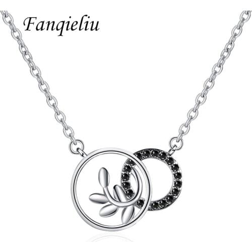 Fanqieliu Black Crystal Double Round Pendants Vintage Leaf 925 Sterling Silver Pendant Necklace For Women FQL21259