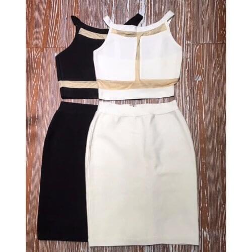 Women Dress Summer 2 Piece Set White Black Mini Length Sleeveless Party Dress Fashionable Sexy Bodycon Bandage Dress