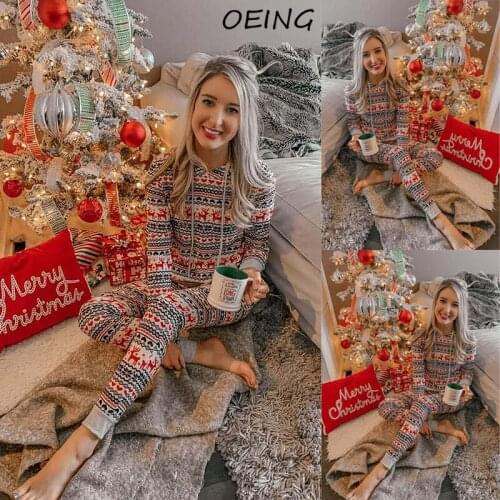 2021 Winter Casual Christmas Tracksuit Print Hoodie and Pants Fashion Two Piece Sets Outfits