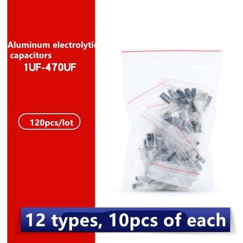 120pcs/lot Aluminum Electrolytic Capacitors 1UF-470UF， 12 kinds of 10 pcs each, 120 pcs in total