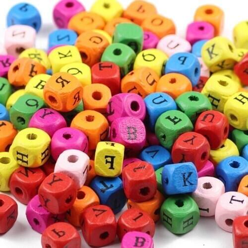 RBFHYER 10mm Random Mixedcolor 50Pcs Letters Wood Beads Square Alphabet Charm Spacer Loose Beads For Jewelry Bracelet Making DIY