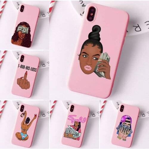 MAKE MONEY Cash Black head Girl Fundas phone case for iPhone 12 11 Pro Max X XR XS 8 7 6s Plus Matte Candy Pink Silicone Cases