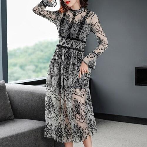 Black Vintage Dress Women Summer Lace Mesh Dress Long Elegant Party Dresses Maxi Slim Vestidos De Fiesta LWL1681