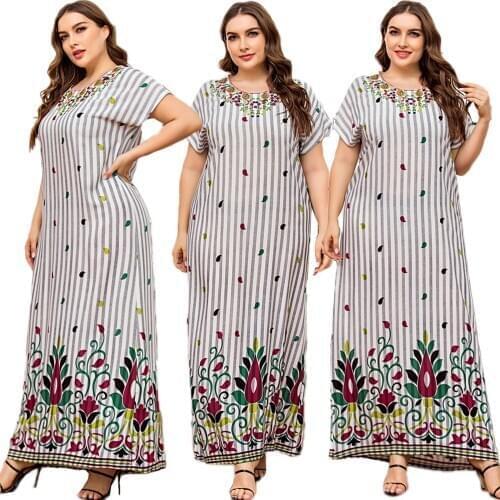 Muslim Women Printed Long Dress Short Sleeve Plus Size Loose Casual Arab Jilbab Dubai Summer Abaya Islamic Clothing 2020 Fashion