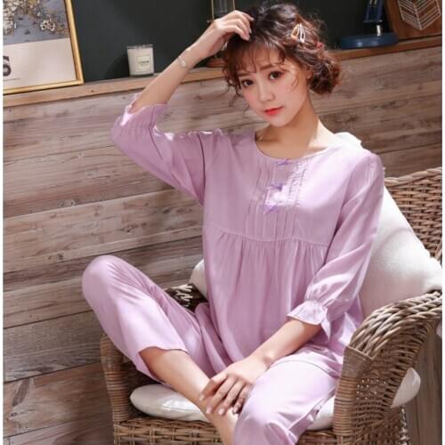 Home service purple pajamas spring and summer thin pajamas ladies cotton cute sweet suit new hot yellow red blue Sleepwear