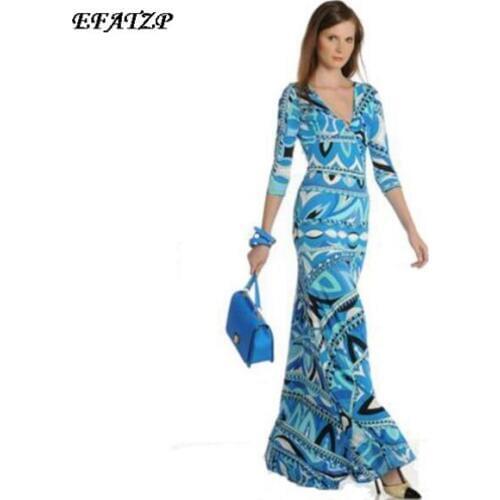 [EFATZP] Free shipping Europe Top Fashion Long Sleeve Sexy V Neck Geometric Printed Sheath Spandex Maxi Dress