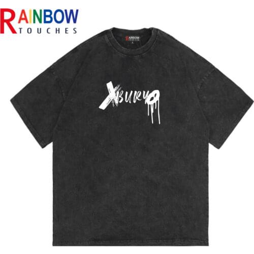 Rainbowtouhes Men Wash Casual Tops Summer Trend Loose Crew Neck Simple Style Embroidery Short Sleeve T-shirt