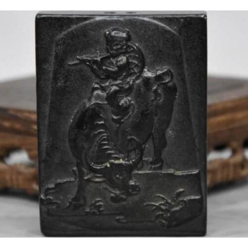 Hongshan culture archaize black iron meteorite sculpture Boy riding cow statue