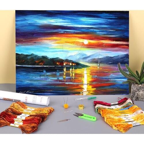 Oil Painting Style Night Sea Printed Canvas 11CT Cross Stitch Set DIY Embroidery DMC Threads Knitting Handiwork Counted