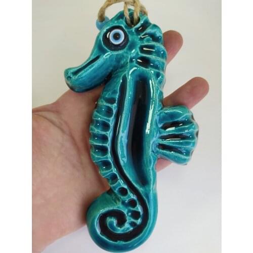 Ceramic Seahorse Evil Eye Pendant Turkish Nazar Handmade Amulet for Wall Hanging Talisman Boho Home Decor Protector