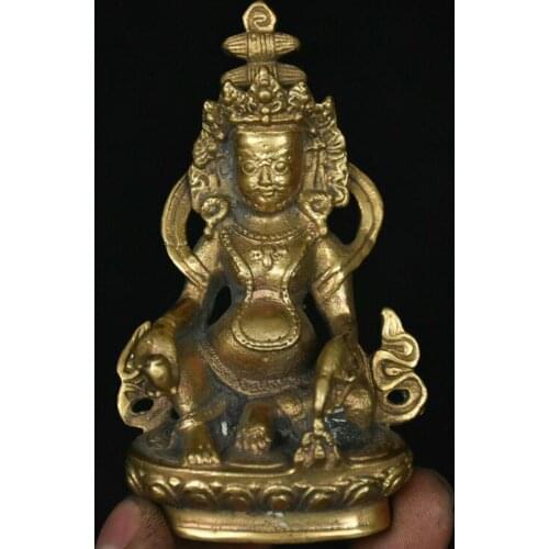 Chinese Buddhism Temple Brass Yellow Jambhala Wealth God Hide Pull Color Statue