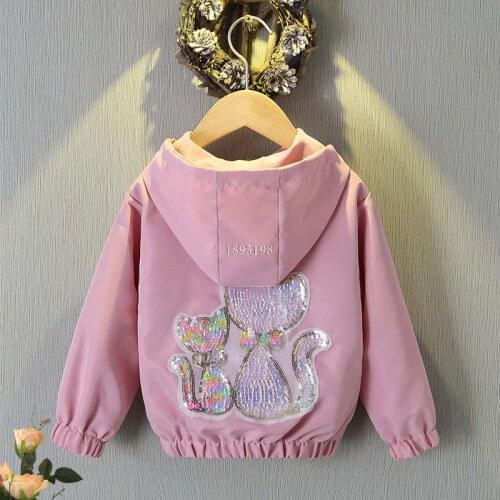 Girls' Hooded Jacket 2021 New Autumn Childrens Korean Sequins Cat Tops Kids Fashion Windbreakers