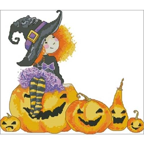 Little witchs pumpkin head Counted Cross Stitch 11CT 14CT 18CT DIY Cross Stitch Kits Embroidery Needlework Sets home decor