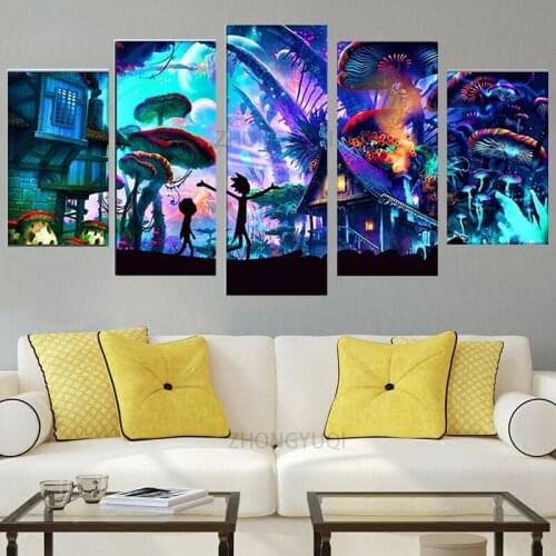 Little boy on the mushroom road under the castle starry sky Animation Canvas Wall Art Modular Pictures Home Decor 5 Pieces HD Pr