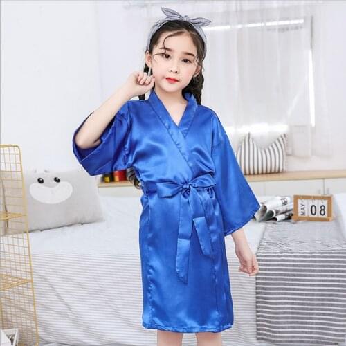 Fashion Toddler Infant Baby Kids Girls Solid Colors Long Sleeve Silk Satin Kimono Robes Bathrobe Sleepwear Nightwear Clothes#P4