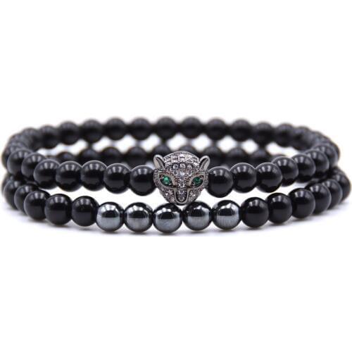 Punk Black Smooth 6mm Stone Leopard Bracelets Set Men Charm Couple Skeleton Bracelt Sets Male Hand Doodskop Pulseira Caveira