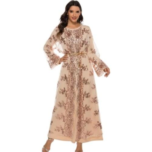 New Middle East Abaya Dubai Muslim Robe Hollow-Out Sequin Embroidery Maxi Dresses for Women Summer 2021 Sexy