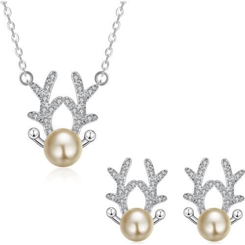 Cute Deer Antlers Champagne Pearl 925 Sterling Silver Earrings Necklaces Bridal Jewelry Set Women Wedding Dress Accessory