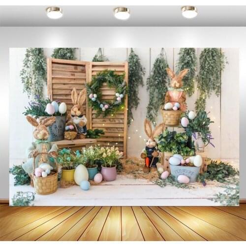 Easter Photography Backdrop Spring Flowers Rabbit Eggs Gray Floor Baby Shower Party Photo Background Banner Decoration