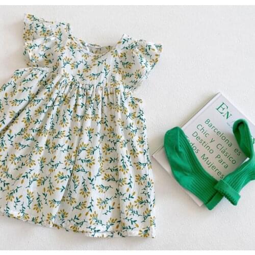 2021 Korea style girls printed dress fashion cotton linen summer girls dresses
