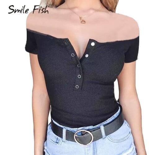 Buttons Ribbed Knitted Tops Basic Off Shoulder Bodysuits Women Sexy Short Sleeve Female Skinny One Pieces Suits Rompers GV493