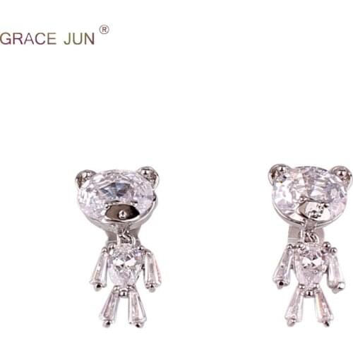 GRACE JUN High-grade AAA CZ Romantic Small Bear Clip on Earrrings Non Pierced for Women Gorgeous Cute Animal No Hole Earrings