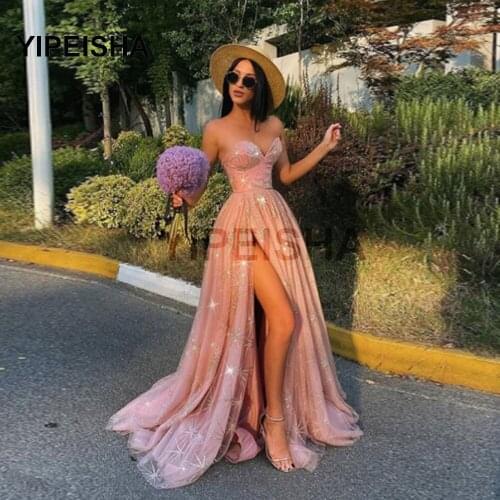 Chic Pink Sweetheart Embroidery Evening Gowns High Slit A-Line Princess Formal Party Dresses Vestidos De Noche Festa 2021