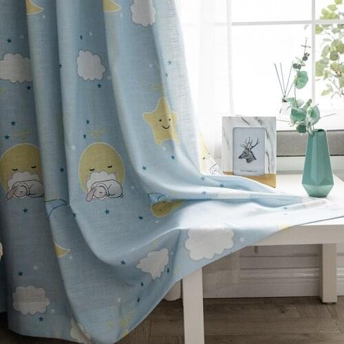 Cartoon Star Rabbit Print Childrens Curtains Imitation Cotton and Linen Semi Blackout Curtains for Living Dining Room Bedroom