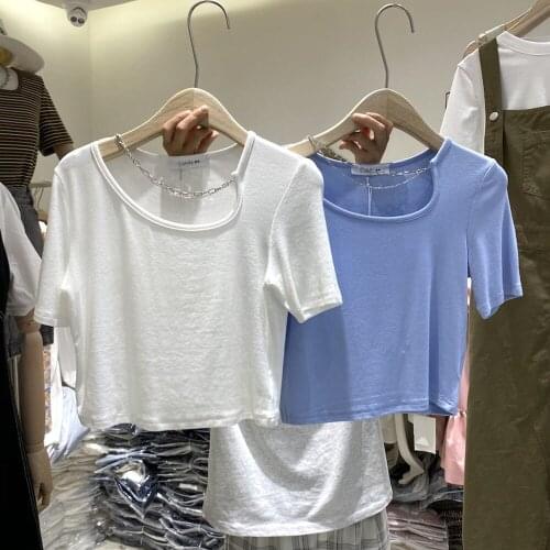 2021 Summer Korean Version of The New Solid Color Chain Slim and Thin Casual Short-sleeved T-shirt Women