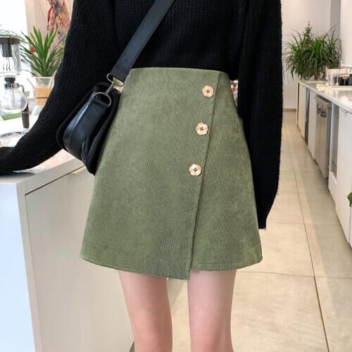 2021 Autumn and Winter New Women Fashion Style Pedal Button Irregular Corduroy A-line Skirt Female Inner Belt Safety Pants Y627
