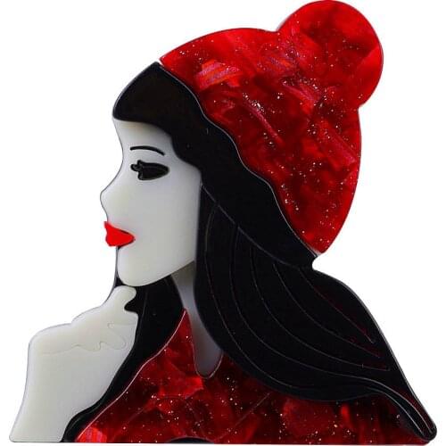 New Trendy Acrylic Red Hat Thinking Girl Brooch For Women Lovely Figure Lady Brooch Lapel Pins Badges Fashion Party Jewelry Gift
