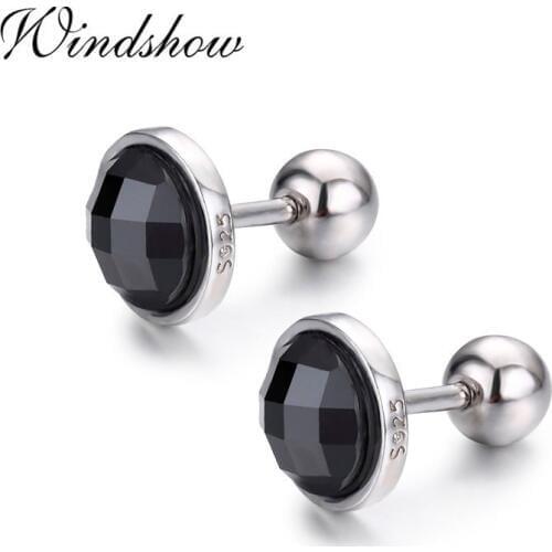 Cute 925 Sterling Silver Round Black Onyx Screw Back Stud Earrings For Women Child Girls Kids Jewelry Orecchini Aros Aretes
