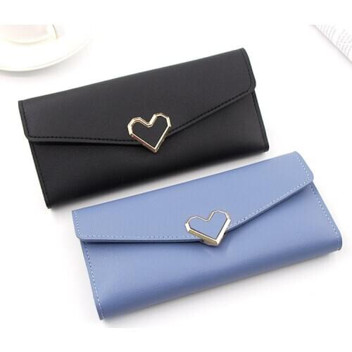 Womens Clutch Long Korean-Style Fashion Womens Wallet Three-Fold Wallet Heart-Shaped Buckle Card Holder wholesale Wallet