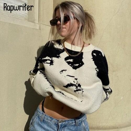 Rapwriter Casual Printed Sweater y2k Pattern Pullovers Autumn Winter Loose Knitted Jumpers O Neck Long Sleeve Top 90s Streetwear