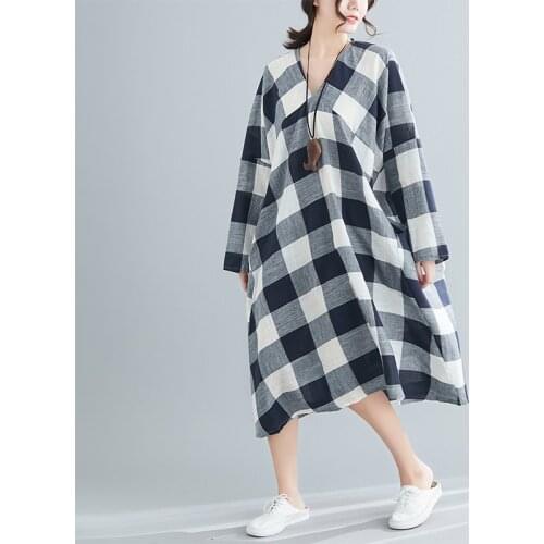 2021 Summer Women Shirt Dress V Neck Black Navy Blue Plaid Female Tunic Cotton Linen Oversized Pockets Ladies Dress