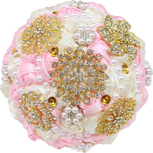 18CM New Beautiful Bridal Bouquet Gold Silver Rhinestone Handmade Ribbon Rose Bouquet Wedding Supplies W230