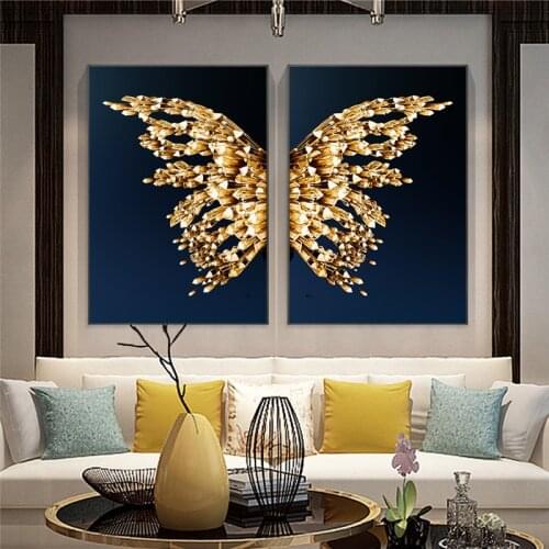 2 panels wall painting Black and Gold Butterfly Wings Light luxury Modern Decorative Picture Prints for living room home decora