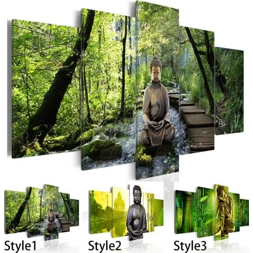 5 Panel Buddha Wall Art Oil Painting Scenic waterfall bamboo Home Decoration Canvas Prints Pictures for Living Room( No Frame )